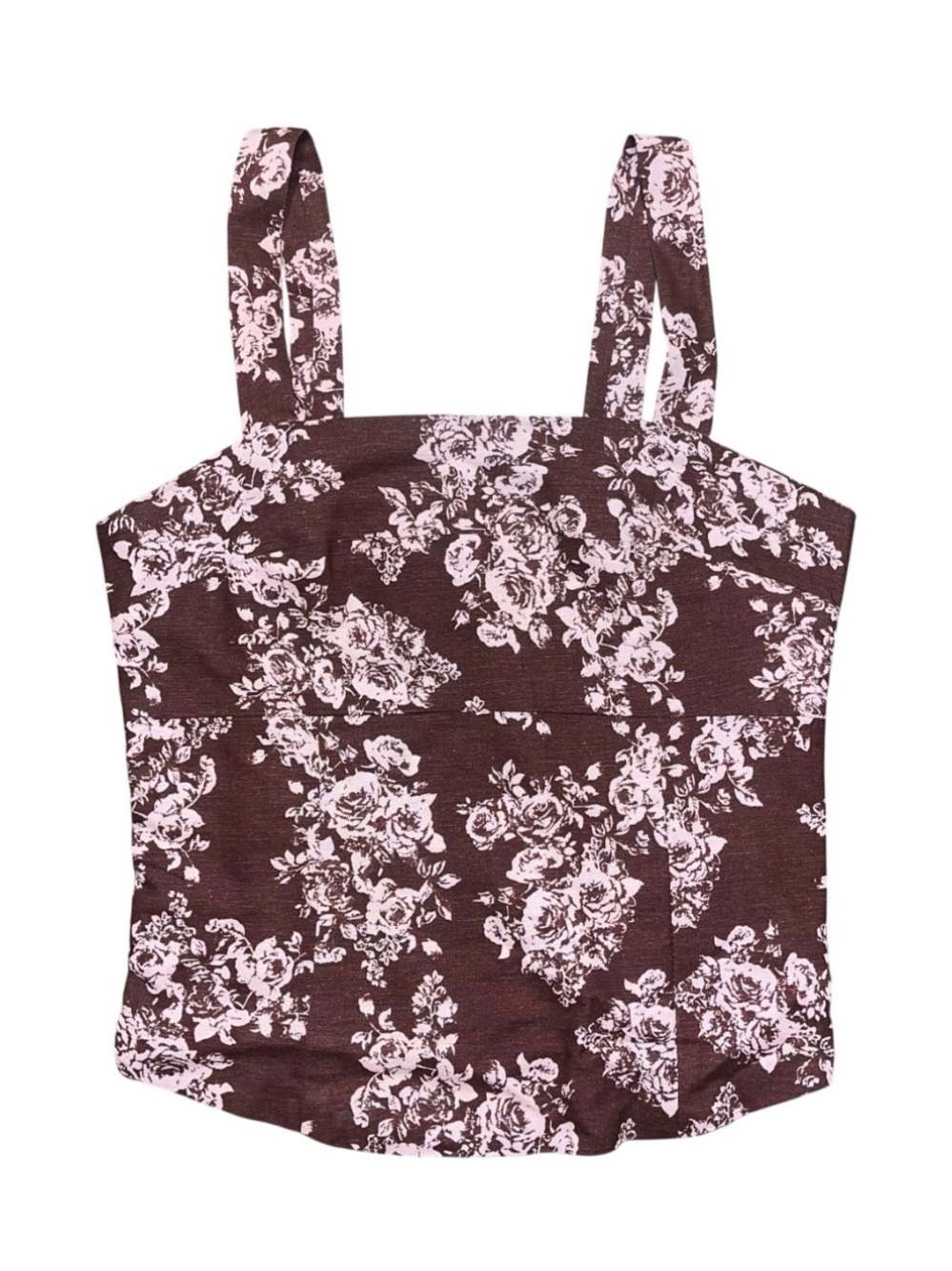 Sim & Sam Tank Crop Top Brown Pink Floral NWT  Small Smocked Stretch Linen Blend